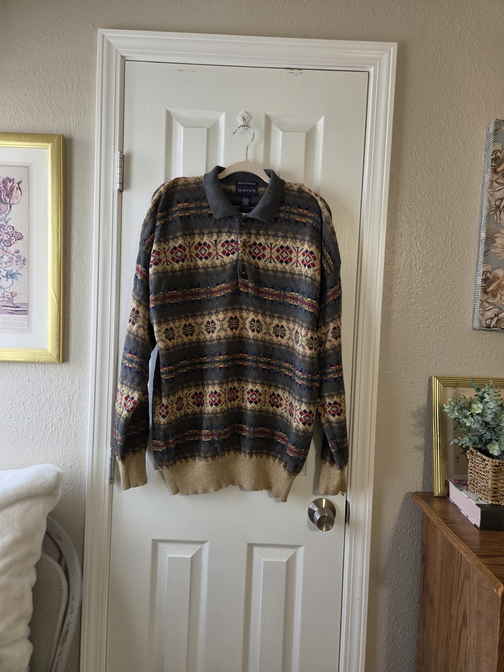 ​Vintage GANT Fair Isle Polo Sweater Mens XL Cotton Knit Patterned Pullover Grey